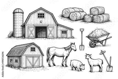 Rustic farm elements: barns, livestock, and tools in black and white illustration