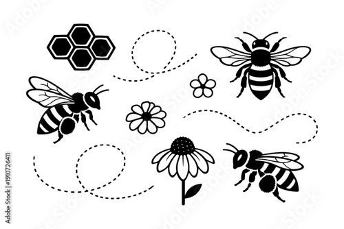 Bee patterns and flowers: black and white honeycomb design with flying bees