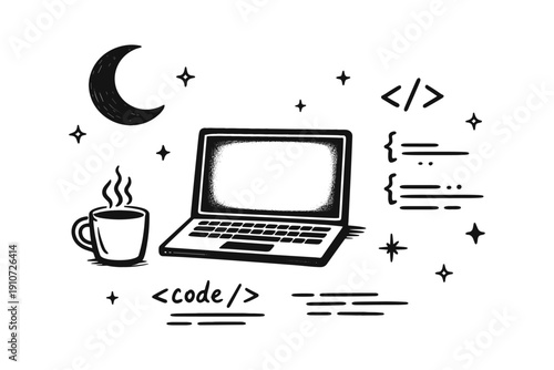 Monochrome illustration of laptop with coffee, code symbols, and night sky elements
