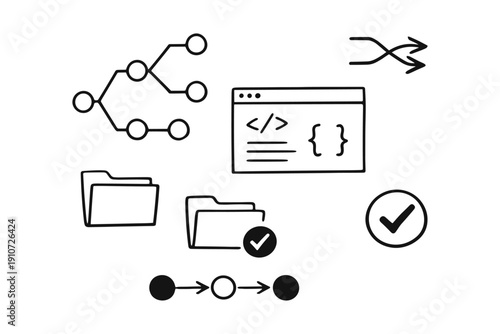 Computer science icons set: code, data flow, folders, and checkmarks