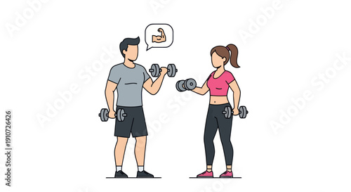 Cartoon Couple Exercising with Dumbbells Fitness Training Together.