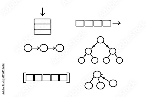 Visual guide to data structures with diagrams of stack, queue, linked list, tree, and graph