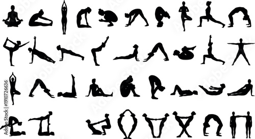 Big collection of female yoga poses silhouettes vector illustration