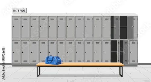 Gray Lockers and Wooden Bench in a Locker Room.