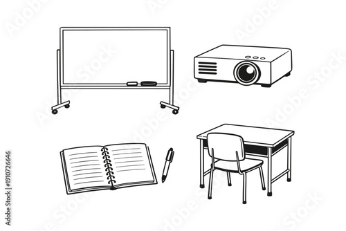 Classroom essentials: whiteboard, projector, desk, chair, notebook, pen