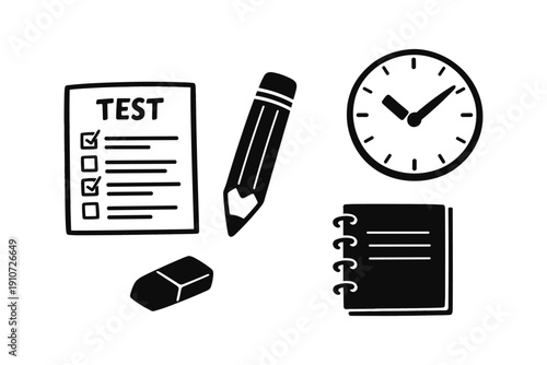 Study essentials: test, pencil, clock, eraser, notebook illustrations