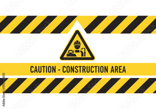 Caution tape and a warning sign indicating a construction area with safety symbols.
