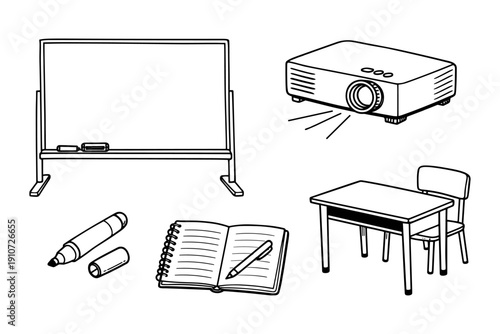 Classroom tools for interactive learning: whiteboard, projector, stationery, desk, and chair