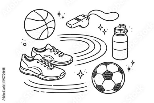 Basketball and soccer equipment with whistle and sneakers sketch