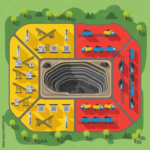 Open Pit Mine with Heavy Machinery and Transport Wagons.
