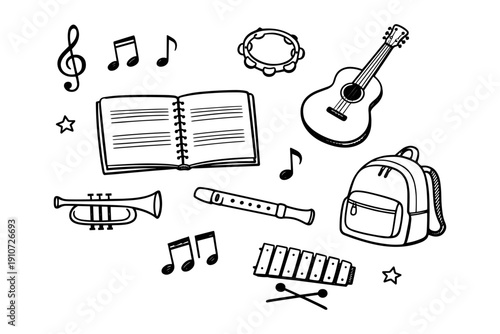Musical instruments and notes with notebook and backpack illustration