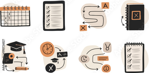 Education and Productivity Icon Set Featuring Academic Calendar, Checklist, Study Planner, Graduation Cap, and Time Management Tools in Hand Drawn Flat Style