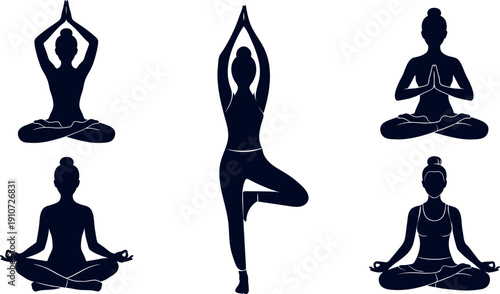 Female yoga silhouettes in tree pose and meditation vector
