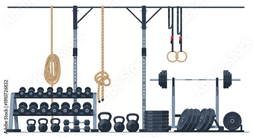 Gym Equipment: Dumbbells Kettlebells Barbells Ropes and Rings for Fitness Training.