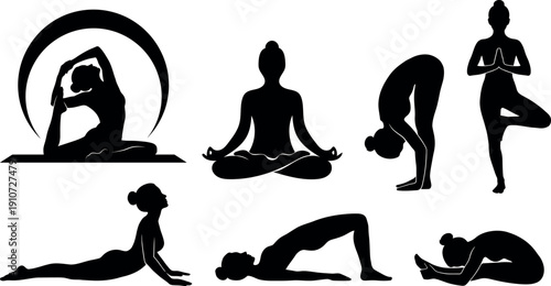Yoga woman silhouettes in moon, lotus, tree and relaxation poses vector