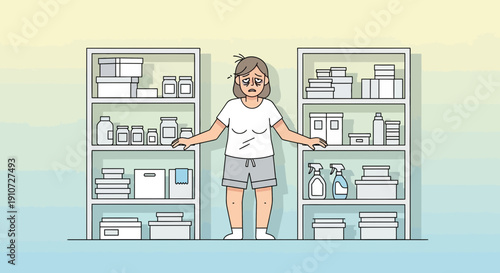 Overwhelmed Woman Standing Between Full Shelves in Storage Room.