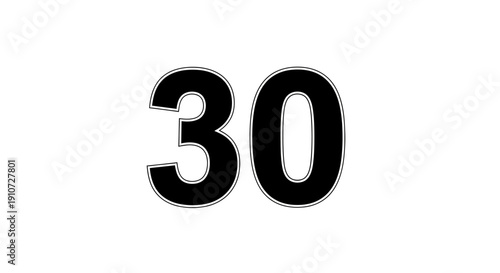 Large black number thirty on white background.