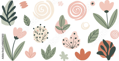 Boho Spring Floral Elements Collection, Abstract Botanical Shapes for Vernal Equinox, Hand Drawn Pastel Garden Illustrations Set