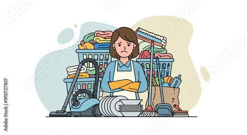 Overwhelmed Woman with Cleaning Supplies and Laundry Expressing Frustration.
