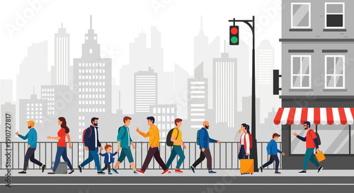 Pedestrians Crossing City Street Illustration.