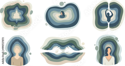 Set of Abstract Illustrations Representing Mental Health Awareness, Emotional Healing, Inner Peace, and Psychological Wellbeing Concepts