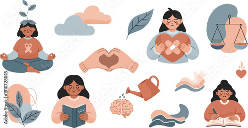 Women Self Care and Mental Health Concept Illustration Set for International Women's Day