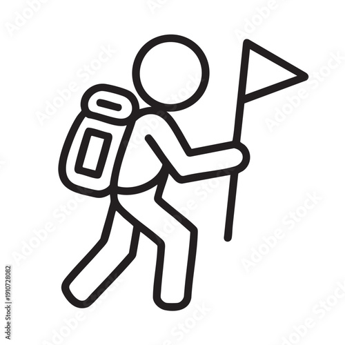 A hiker with a backpack holding a flag walks through a scenic landscape viewed from a slight angle, capturing the essence of adventure and exploration.