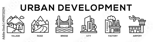 Desert, Dunes, Cliff, Canyon, Hot Air Balloon, Sunset web banner icon vector illustration concept for business with icon of Village, Road, Bridge, City, Factory,.