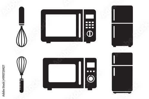 Kitchen appliances and utensils icons including microwaves and refrigerators