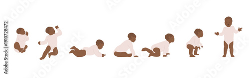 Set of baby growth process, newborn, toddler development. Early childhood, child evolution progress, sitting, crawling, growing up boy in flat cartoon vector illustration isolated on white background.