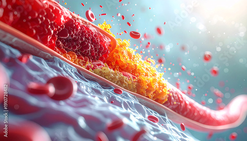 Microscopic view of a blood vessel showing severe atherosclerosis with plaque buildup and a blood clot obstructing flow.