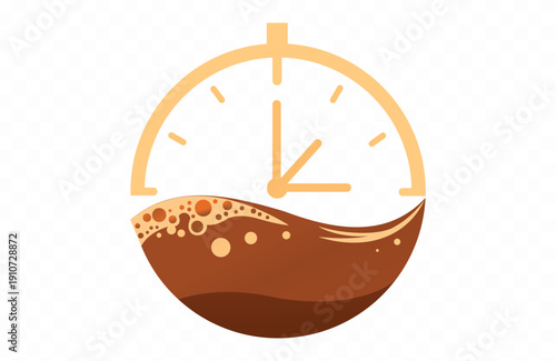 Coffee Time Clock Vector Illustration Flat Design, Morning Brew Concept with Abstract Liquid and Bubbles.