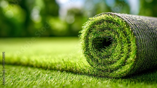 Artificial grass roll unrolled on a bright sunny day