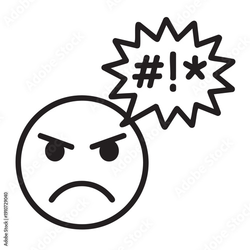 An angry face with a speech bubble expressing frustration and annoyance through a symbol, depicted in a simple illustration style from a straightforward viewpoint.