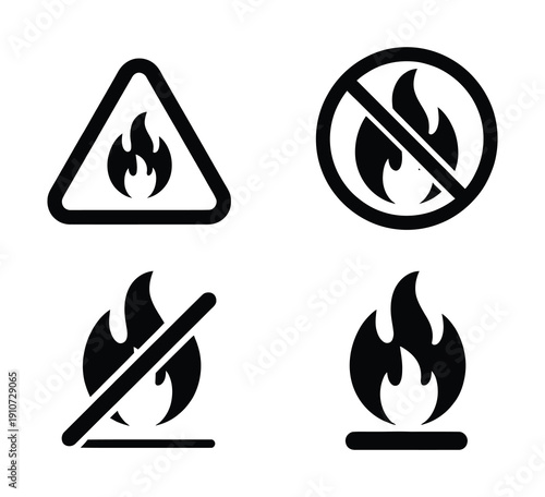 Flame hazard icons illustrating fire safety, flammable material warnings, no open flame, and caution symbols in vector style.