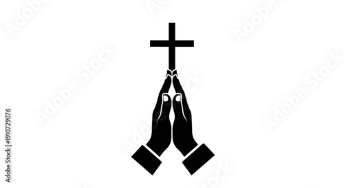 Praying Hands Holding Cross Silhouette.