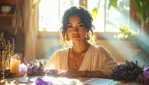 A serene woman surrounded by lavender and candles in a sunlit room, exuding tranquility and peace