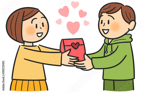 バレンタインにプレゼントを渡して照れる若い男女のカップル