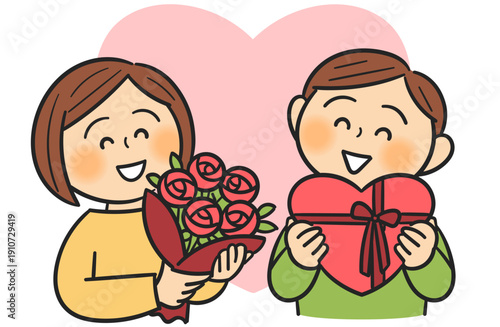 バレンタインにプレゼントを交換するカップル