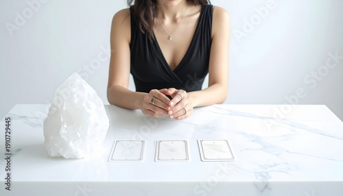 Woman meditating with tarot cards on marble table