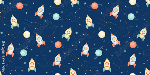 Seamless nursery pattern with spaceship and planets. Vector illustration