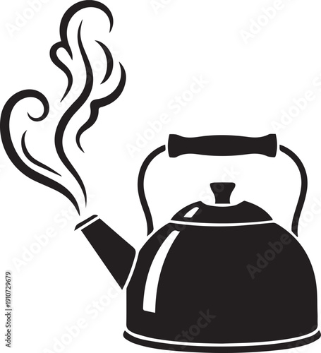 Boiling Tea Kettle with Steam Silhouette Vector Illustration for Kitchen Logo and Cafe Branding