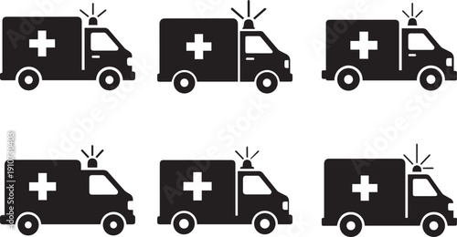 Ambulance car icon set silhouette vector for medical emergency service transport banner