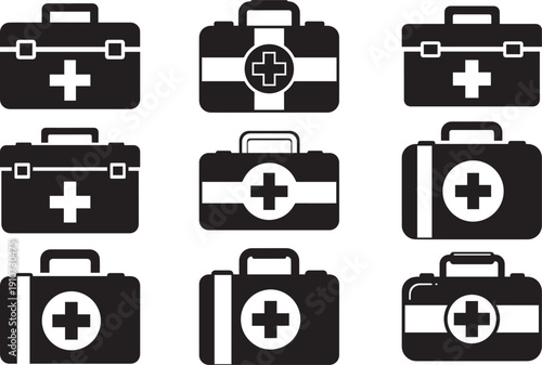 First aid kit icon set silhouette vector for medical emergency health care web banner design