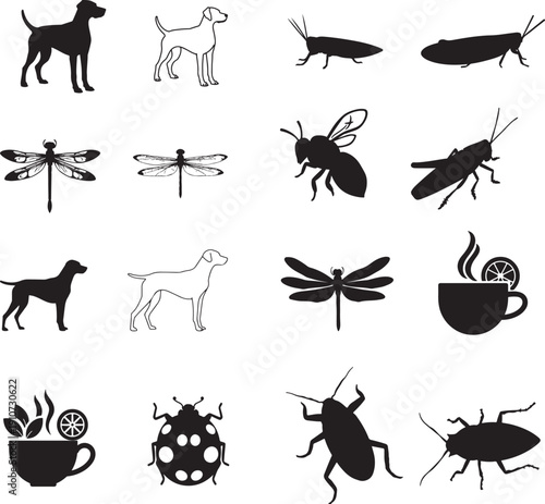 Dog, Insects, Tea: A collection of silhouette of dog, insect and tea cup element illustration. Designed to capture the essence of animals and beverages, perfectly suited for graphic resource.