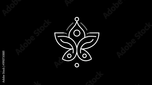 Elegant minimalist line art logo design with a lotus flower and meditating person, symbolizing wellness, peace, yoga, and spirituality.