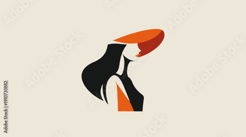 Elegant woman in a stylish wide-brimmed hat, fashion illustration in a minimalist flat design with warm colors, profile view