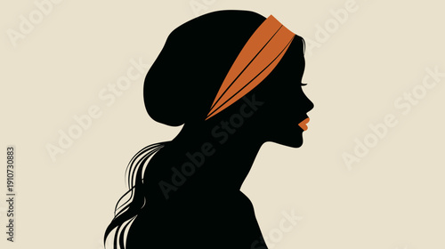 Stylish woman silhouette in profile with elegant long hair and orange headband. Minimalist graphic portrait on neutral background.