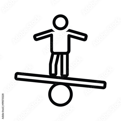 Simple line drawing of a person balancing on a ball and board