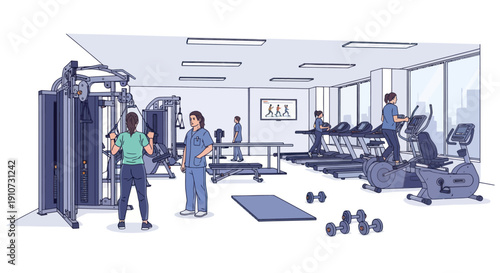 Diverse people exercising in a modern gym with various fitness machines and equipment.